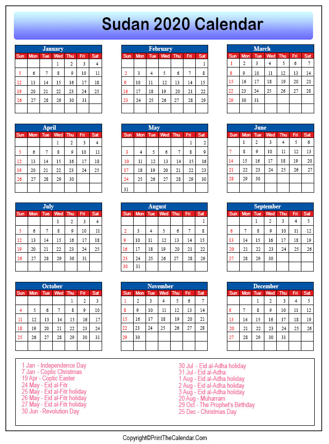 Sudan Printable Calendar 2020